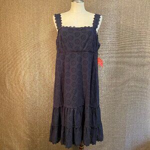 Oscar De La Renta Navy Blue Eyelet Cotton Summer Dress sz 12-16. NWT